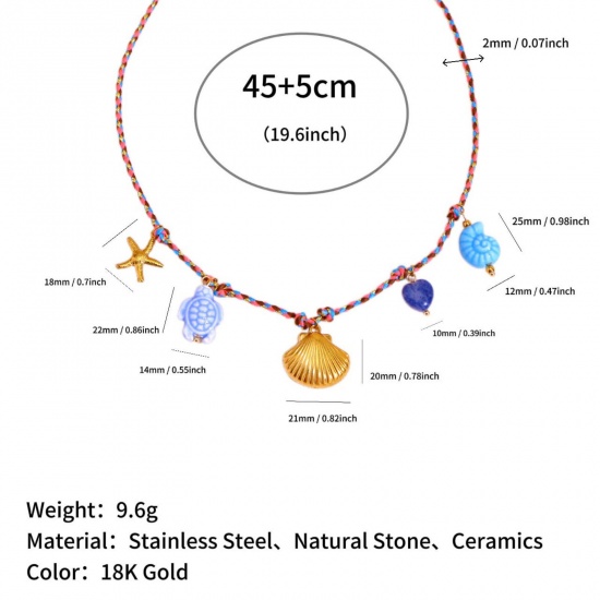 Picture of Wholesale Scallop Blue Station Necklace, 18K Gold Plated 304 Stainless Steel Braided Cord, Women's Eco-friendly PVD Ocean Jewelry Bohemia Boho Gift Jewelry For Retailer, 45cm(17.7") + 5cm(2") long, 1 Piece