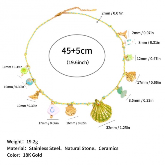 Picture of Wholesale Scallop Multicolor Station Necklace, 18K Gold Plated 304 Stainless Steel Braided Cord, Women's Eco-friendly PVD Ocean Jewelry Bohemia Boho Gift Jewelry For Retailer, 45cm(17.7") + 5cm(2") long, 1 Piece