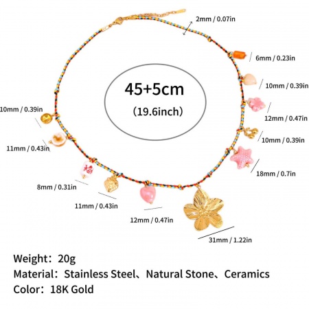 Picture of Wholesale Flower Pink Station Necklace, 18K Gold Plated 304 Stainless Steel Braided Cord, Women's Eco-friendly PVD Ocean Jewelry Bohemia Boho Gift Jewelry For Retailer, 45cm(17.7") + 5cm(2") long, 1 Piece