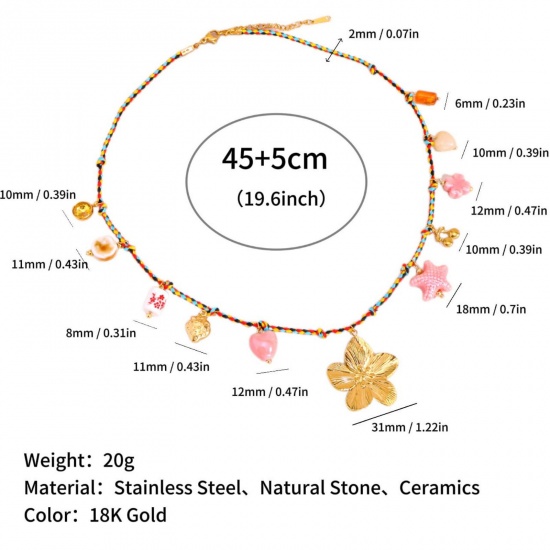 Picture of Wholesale Flower Pink Station Necklace, 18K Gold Plated 304 Stainless Steel Braided Cord, Women's Eco-friendly PVD Ocean Jewelry Bohemia Boho Gift Jewelry For Retailer, 45cm(17.7") + 5cm(2") long, 1 Piece