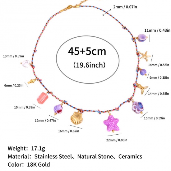 Picture of Wholesale Starfish Purple Station Necklace, 18K Gold Plated 304 Stainless Steel Braided Cord, Women's Eco-friendly PVD Ocean Jewelry Bohemia Boho Gift Jewelry For Retailer, 45cm(17.7") + 5cm(2") long, 1 Piece