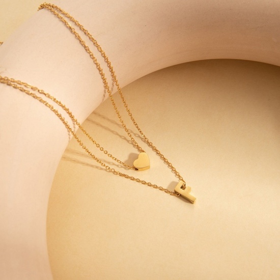 Imagen de Corazón Mayúscula Letra Mensaje " F " Collar Múltiples Capas Al Por Mayor, Chapado en Oro de 18K 304 Acero Inoxidable Cadena de Cable Cruz, Mujeres Enchapado al Vacío día de San Valentín Estilo Ins Regalo Joyería Para Minorista, 45cm + 5cm longitud, 1 Unidad