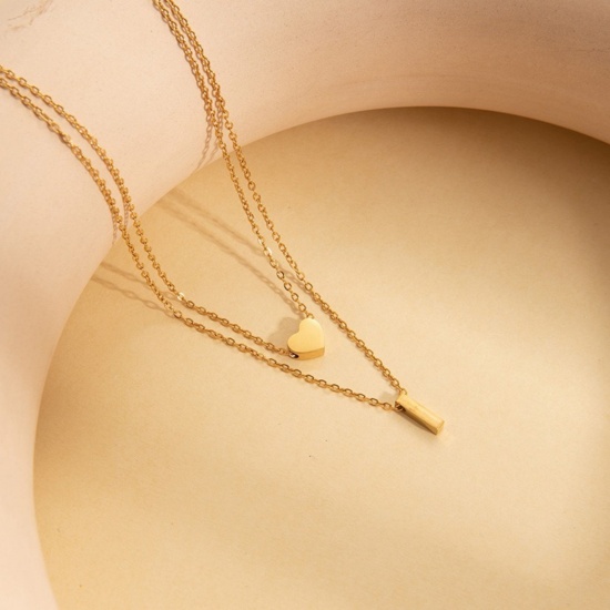 Imagen de Corazón Mayúscula Letra Mensaje " I " Collar Múltiples Capas Al Por Mayor, Chapado en Oro de 18K 304 Acero Inoxidable Cadena de Cable Cruz, Mujeres Enchapado al Vacío día de San Valentín Estilo Ins Regalo Joyería Para Minorista, 45cm + 5cm longitud, 1 Unidad