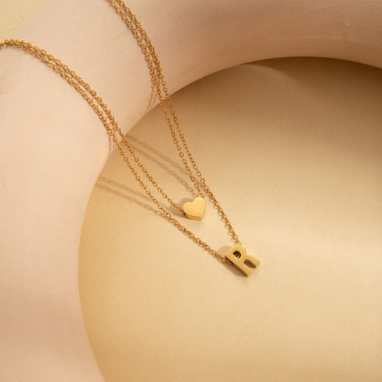 Imagen de Corazón Mayúscula Letra Mensaje " R " Collar Múltiples Capas Al Por Mayor, Chapado en Oro de 18K 304 Acero Inoxidable Cadena de Cable Cruz, Mujeres Enchapado al Vacío día de San Valentín Estilo Ins Regalo Joyería Para Minorista, 45cm + 5cm longitud, 1 Unidad