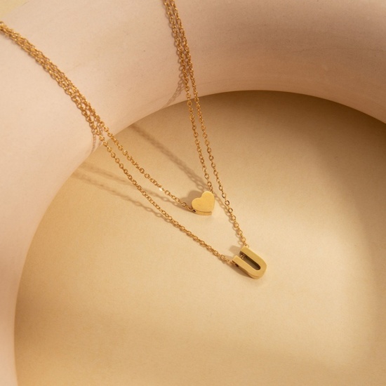 Imagen de Corazón Mayúscula Letra Mensaje " U " Collar Múltiples Capas Al Por Mayor, Chapado en Oro de 18K 304 Acero Inoxidable Cadena de Cable Cruz, Mujeres Enchapado al Vacío día de San Valentín Estilo Ins Regalo Joyería Para Minorista, 45cm + 5cm longitud, 1 Unidad