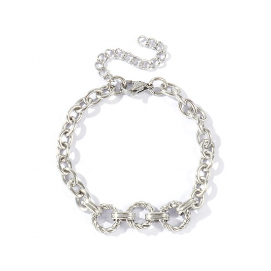Picture of Wholesale 304 Stainless Steel Link Cable Chain Bracelets, Silver Tone Unisex Simple Ins Style Gift Jewelry Supply, 17cm(6.7") + 5cm(2") long, 1 Piece