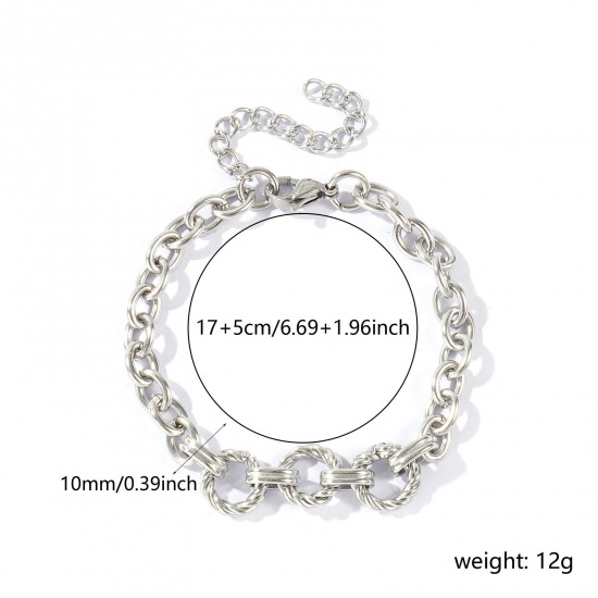 Picture of Wholesale 304 Stainless Steel Link Cable Chain Bracelets, Silver Tone Unisex Simple Ins Style Gift Jewelry Supply, 17cm(6.7") + 5cm(2") long, 1 Piece