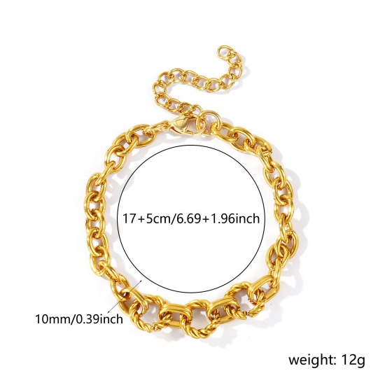 Picture of Wholesale 304 Stainless Steel Link Cable Chain Bracelets, 18K Gold Plated Unisex Simple Ins Style Gift Jewelry Supply, 17cm(6.7") + 5cm(2") long, 1 Piece