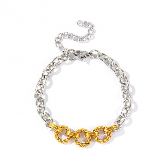 Picture of Wholesale 304 Stainless Steel Link Cable Chain Bracelets, Silver Tone & 18K Gold Plated Unisex Simple Ins Style Gift Jewelry Supply, 17cm(6.7") + 5cm(2") long, 1 Piece