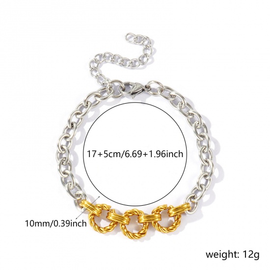 Picture of Wholesale 304 Stainless Steel Link Cable Chain Bracelets, Silver Tone & 18K Gold Plated Unisex Simple Ins Style Gift Jewelry Supply, 17cm(6.7") + 5cm(2") long, 1 Piece