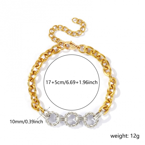 Picture of Wholesale 304 Stainless Steel Link Cable Chain Bracelets, 18K Gold Plated & Silver Tone Unisex Simple Ins Style Gift Jewelry Supply, 17cm(6.7") + 5cm(2") long, 1 Piece