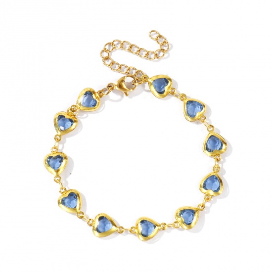 Immagine di Cuore Blu Grigio 304 Acciaio Inossidabile & Vetro Catena a Maglia Fatta a Mano Braccialetti All'Ingrosso, Placcato Oro 18K Donne San Valentino Stile Ins Regalo Fornitura di Gioielli, 16cm + 5cm Lunghezza, 1 Pz