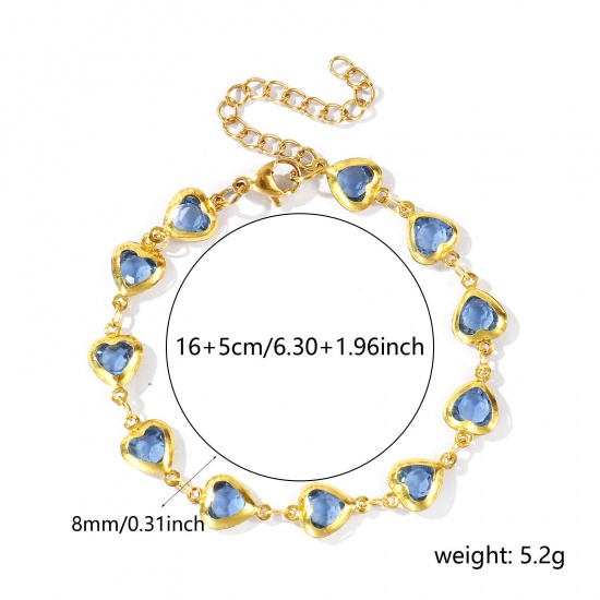 Immagine di Cuore Blu Grigio 304 Acciaio Inossidabile & Vetro Catena a Maglia Fatta a Mano Braccialetti All'Ingrosso, Placcato Oro 18K Donne San Valentino Stile Ins Regalo Fornitura di Gioielli, 16cm + 5cm Lunghezza, 1 Pz