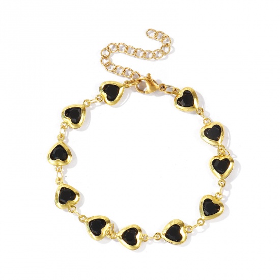 Immagine di Cuore Nero 304 Acciaio Inossidabile & Vetro Catena a Maglia Fatta a Mano Braccialetti All'Ingrosso, Placcato Oro 18K Donne San Valentino Stile Ins Regalo Fornitura di Gioielli, 16cm + 5cm Lunghezza, 1 Pz