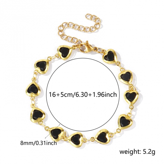 Immagine di Cuore Nero 304 Acciaio Inossidabile & Vetro Catena a Maglia Fatta a Mano Braccialetti All'Ingrosso, Placcato Oro 18K Donne San Valentino Stile Ins Regalo Fornitura di Gioielli, 16cm + 5cm Lunghezza, 1 Pz