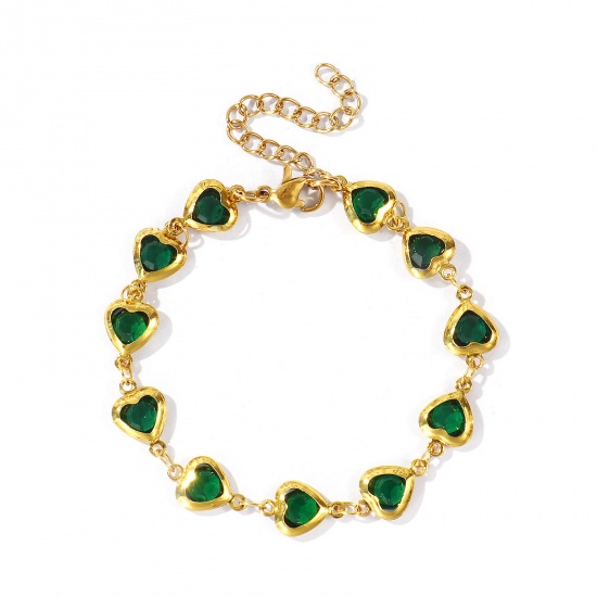 Immagine di Cuore Smeraldo 304 Acciaio Inossidabile & Vetro Catena a Maglia Fatta a Mano Braccialetti All'Ingrosso, Placcato Oro 18K Donne San Valentino Stile Ins Regalo Fornitura di Gioielli, 16cm + 5cm Lunghezza, 1 Pz