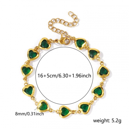 Picture of Wholesale Heart Emerald 304 Stainless Steel & Glass Handmade Link Chain Bracelets, 18K Gold Plated Women's Valentine's Day Ins Style Gift Jewelry Supply, 16cm(6.3") + 5cm(2") long, 1 Piece