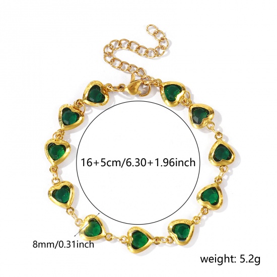 Immagine di Cuore Smeraldo 304 Acciaio Inossidabile & Vetro Catena a Maglia Fatta a Mano Braccialetti All'Ingrosso, Placcato Oro 18K Donne San Valentino Stile Ins Regalo Fornitura di Gioielli, 16cm + 5cm Lunghezza, 1 Pz