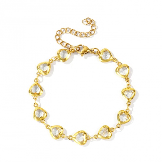 Immagine di Cuore Trasparente 304 Acciaio Inossidabile & Vetro Catena a Maglia Fatta a Mano Braccialetti All'Ingrosso, Placcato Oro 18K Donne San Valentino Stile Ins Regalo Fornitura di Gioielli, 16cm + 5cm Lunghezza, 1 Pz