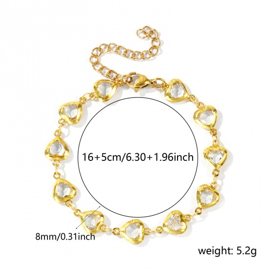 Immagine di Cuore Trasparente 304 Acciaio Inossidabile & Vetro Catena a Maglia Fatta a Mano Braccialetti All'Ingrosso, Placcato Oro 18K Donne San Valentino Stile Ins Regalo Fornitura di Gioielli, 16cm + 5cm Lunghezza, 1 Pz