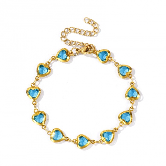 Immagine di Cuore Verde Blu 304 Acciaio Inossidabile & Vetro Catena a Maglia Fatta a Mano Braccialetti All'Ingrosso, Placcato Oro 18K Donne San Valentino Stile Ins Regalo Fornitura di Gioielli, 16cm + 5cm Lunghezza, 1 Pz