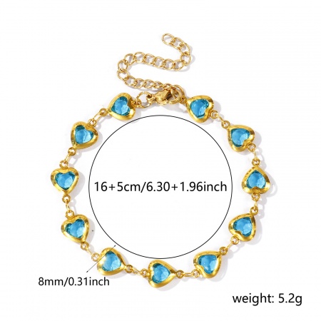 Bild von Großhandel Herz Cyan 304 Edelstahl & Glas Handgefertigte Gliederkette Armband, 18K Vergoldet Frauen Valentinstag Ins Stil Geschenk Schmuckbedarf, 16cm + 5cm lang, 1 Strang