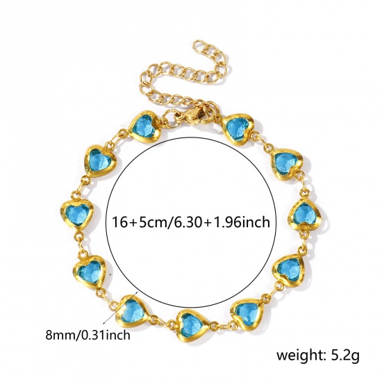 Immagine di Cuore Verde Blu 304 Acciaio Inossidabile & Vetro Catena a Maglia Fatta a Mano Braccialetti All'Ingrosso, Placcato Oro 18K Donne San Valentino Stile Ins Regalo Fornitura di Gioielli, 16cm + 5cm Lunghezza, 1 Pz