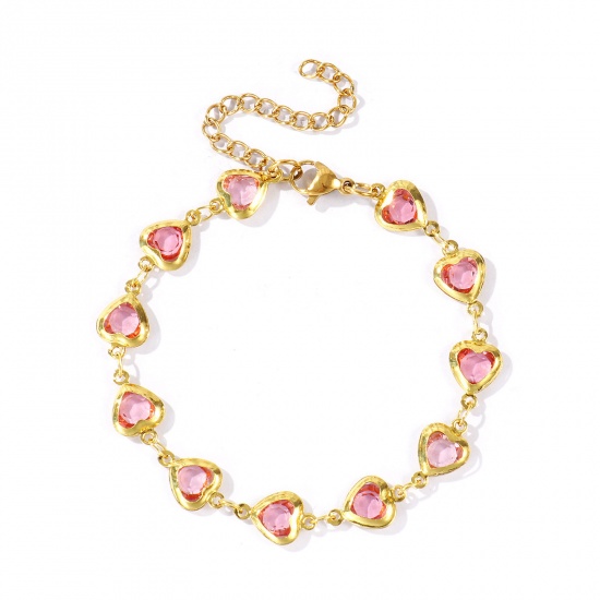 Immagine di Cuore Rosa 304 Acciaio Inossidabile & Vetro Catena a Maglia Fatta a Mano Braccialetti All'Ingrosso, Placcato Oro 18K Donne San Valentino Stile Ins Regalo Fornitura di Gioielli, 16cm + 5cm Lunghezza, 1 Pz