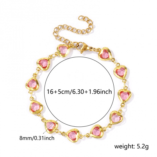 Immagine di Cuore Rosa 304 Acciaio Inossidabile & Vetro Catena a Maglia Fatta a Mano Braccialetti All'Ingrosso, Placcato Oro 18K Donne San Valentino Stile Ins Regalo Fornitura di Gioielli, 16cm + 5cm Lunghezza, 1 Pz
