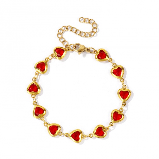 Immagine di Cuore Rosso 304 Acciaio Inossidabile & Vetro Catena a Maglia Fatta a Mano Braccialetti All'Ingrosso, Placcato Oro 18K Donne San Valentino Stile Ins Regalo Fornitura di Gioielli, 16cm + 5cm Lunghezza, 1 Pz