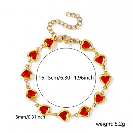 Picture of Wholesale Heart Red 304 Stainless Steel & Glass Handmade Link Chain Bracelets, 18K Gold Plated Women's Valentine's Day Ins Style Gift Jewelry Supply, 16cm(6.3") + 5cm(2") long, 1 Piece