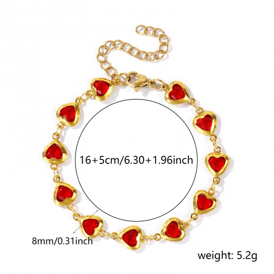 Immagine di Cuore Rosso 304 Acciaio Inossidabile & Vetro Catena a Maglia Fatta a Mano Braccialetti All'Ingrosso, Placcato Oro 18K Donne San Valentino Stile Ins Regalo Fornitura di Gioielli, 16cm + 5cm Lunghezza, 1 Pz