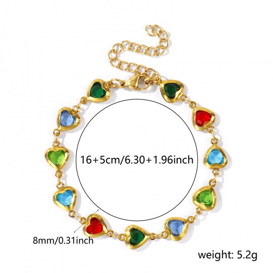 Immagine di Cuore Multicolore 304 Acciaio Inossidabile & Vetro Catena a Maglia Fatta a Mano Braccialetti All'Ingrosso, Placcato Oro 18K Donne San Valentino Stile Ins Regalo Fornitura di Gioielli, 16cm + 5cm Lunghezza, 1 Pz