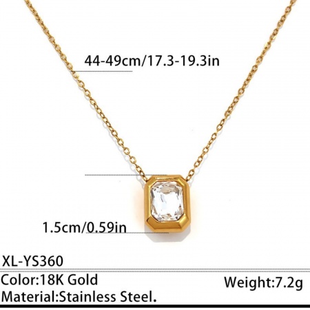 Picture of Wholesale Rectangle Clear Cubic Zirconia Pendant Charm Necklace, 18K Gold Plated 304 Stainless Steel Curb Link Chain, Unisex PVD Classic Dainty Gift Jewelry For Retailer, 44cm(17.3") + 5cm(2") long, 1 Piece
