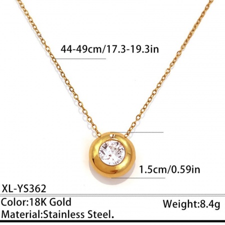 Picture of Wholesale Round Clear Cubic Zirconia Pendant Charm Necklace, 18K Gold Plated 304 Stainless Steel Curb Link Chain, Unisex PVD Classic Dainty Gift Jewelry For Retailer, 44cm(17.3") + 5cm(2") long, 1 Piece