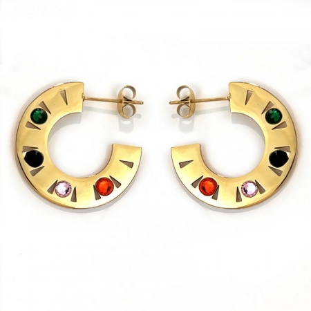 Immagine di Squisito Elegante Orecchini Circolari All'Ingrosso, Forma di C Multicolore Strass Placcato Oro 18K 304 Acciaio Inossidabile, Donne PVD Ecologica Regalo Fornitura di Gioielli, 2.5cm Dia., Posta/Filo Dimensione: 0.7mm(21 misura), 1 Paio