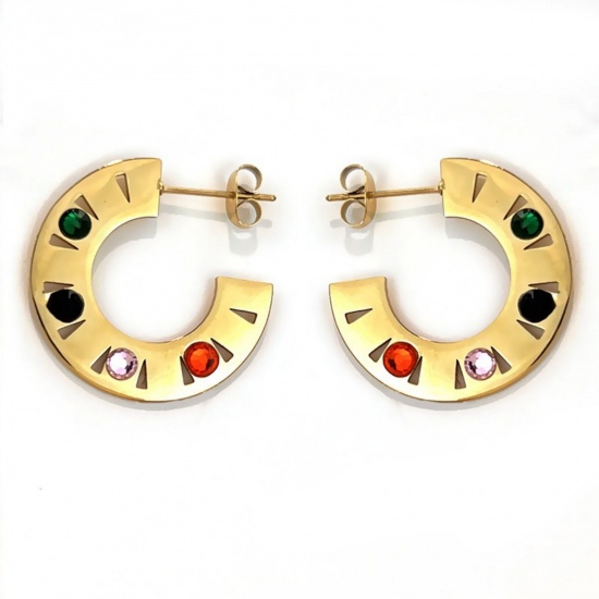 Picture of Wholesale Exquisite Stylish Hoop Earrings, C Shaped Multicolor Rhinestone 18K Gold Plated 304 Stainless Steel, Women's Eco-friendly PVD Gift Jewelry Supply, 2.5cm Dia., Post/ Wire Size: 0.7mm(21 gauge), 1 Pair