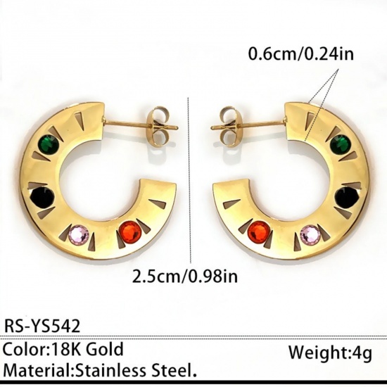 Picture of Wholesale Exquisite Stylish Hoop Earrings, C Shaped Multicolor Rhinestone 18K Gold Plated 304 Stainless Steel, Women's Eco-friendly PVD Gift Jewelry Supply, 2.5cm Dia., Post/ Wire Size: 0.7mm(21 gauge), 1 Pair