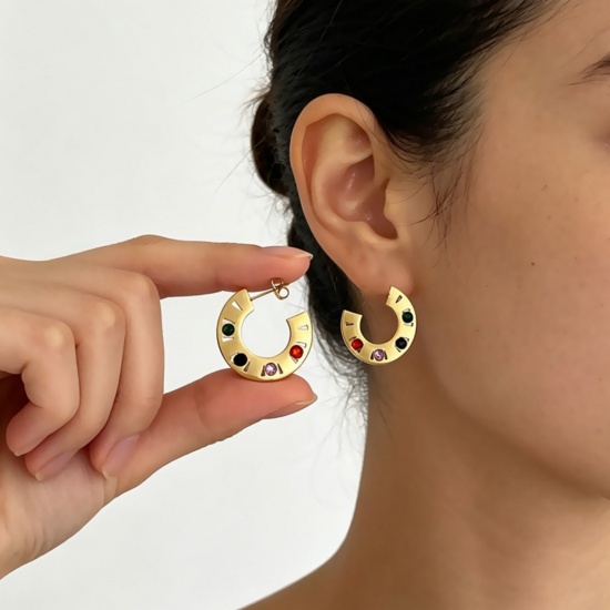 Picture of Wholesale Exquisite Stylish Hoop Earrings, C Shaped Multicolor Rhinestone 18K Gold Plated 304 Stainless Steel, Women's Eco-friendly PVD Gift Jewelry Supply, 2.5cm Dia., Post/ Wire Size: 0.7mm(21 gauge), 1 Pair