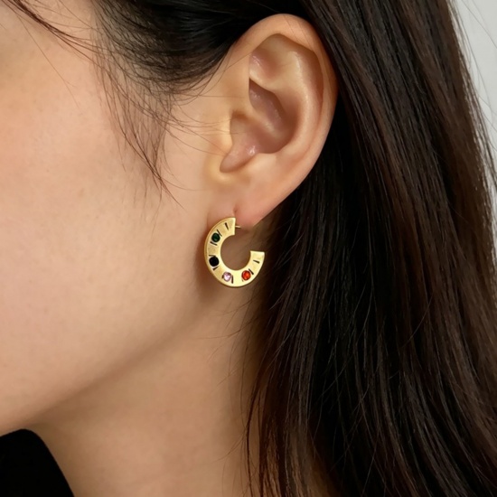 Picture of Wholesale Exquisite Stylish Hoop Earrings, C Shaped Multicolor Rhinestone 18K Gold Plated 304 Stainless Steel, Women's Eco-friendly PVD Gift Jewelry Supply, 2.5cm Dia., Post/ Wire Size: 0.7mm(21 gauge), 1 Pair