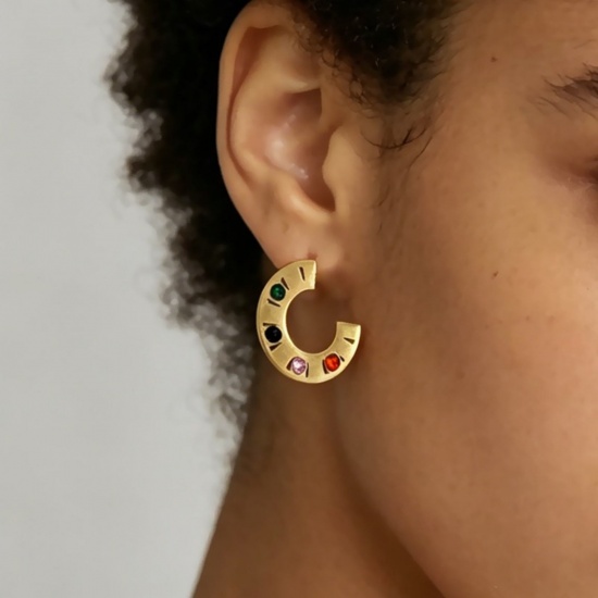 Picture of Wholesale Exquisite Stylish Hoop Earrings, C Shaped Multicolor Rhinestone 18K Gold Plated 304 Stainless Steel, Women's Eco-friendly PVD Gift Jewelry Supply, 2.5cm Dia., Post/ Wire Size: 0.7mm(21 gauge), 1 Pair