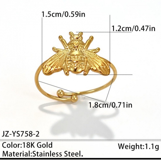 Picture of Wholesale Unisex Gift Bee Animal Open Adjustable Rings, 18K Gold Plated 304 Stainless Steel, Eco-friendly PVD Insect Bohemia Boho Jewelry Supply, 18mm(US Size 7.75), 1 Piece