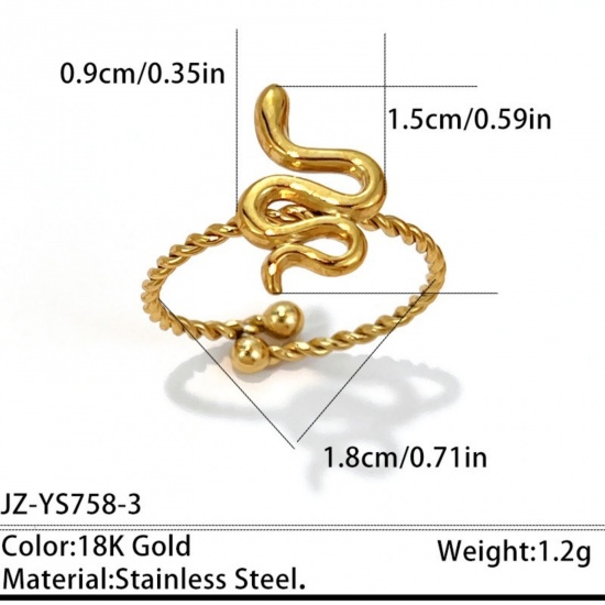 Picture of Wholesale Unisex Gift Snake Animal Open Adjustable Rings, 18K Gold Plated 304 Stainless Steel, Eco-friendly PVD Bohemia Boho Jewelry Supply, 18mm(US Size 7.75), 1 Piece
