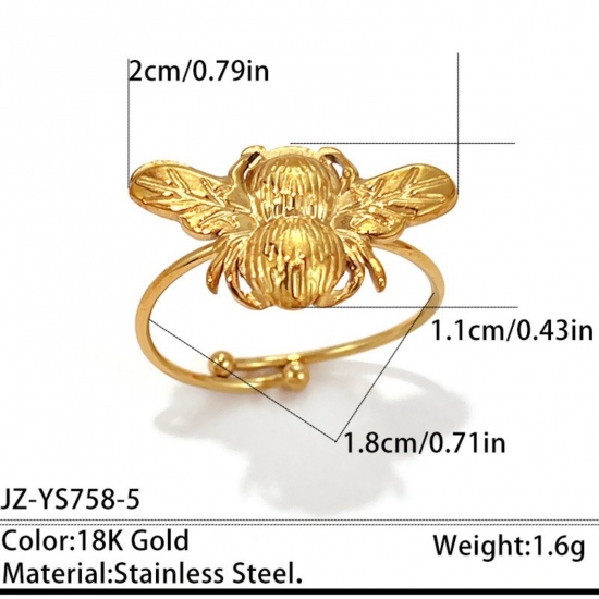 Picture of Wholesale Unisex Gift Bee Animal Open Adjustable Rings, 18K Gold Plated 304 Stainless Steel, Eco-friendly PVD Insect Bohemia Boho Jewelry Supply, 18mm(US Size 7.75), 1 Piece