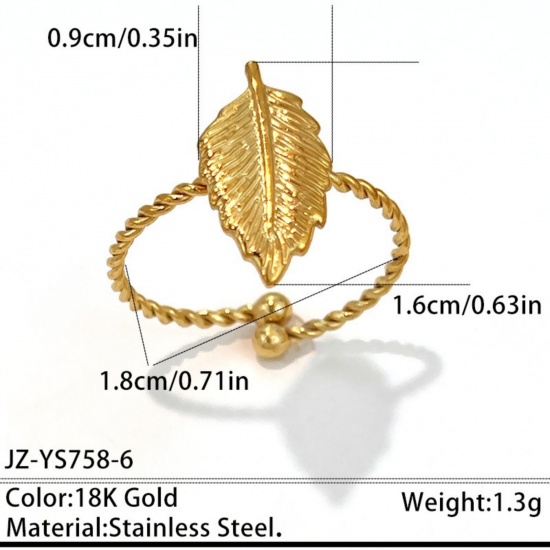 Picture of Wholesale Unisex Gift Leaf Open Adjustable Rings, 18K Gold Plated 304 Stainless Steel, Eco-friendly PVD Flora Collection Bohemia Boho Jewelry Supply, 18mm(US Size 7.75), 1 Piece
