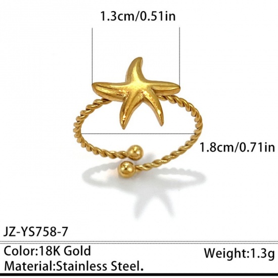 Picture of Wholesale Unisex Gift Starfish Open Adjustable Rings, 18K Gold Plated 304 Stainless Steel, Eco-friendly PVD Ocean Jewelry Bohemia Boho Jewelry Supply, 18mm(US Size 7.75), 1 Piece