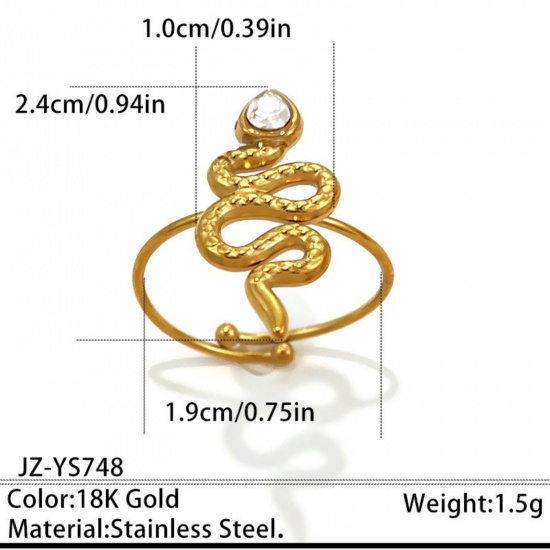 Immagine di Donne Regalo Serpente Trasparente Strass Aperto Regolabile Anello All'Ingrosso, Placcato Oro 18K 304 Acciaio Inossidabile, PVD Ecologica Squisito Elegante Fornitura di Gioielli, 19mm (taglia di US: 9), 1 Pz