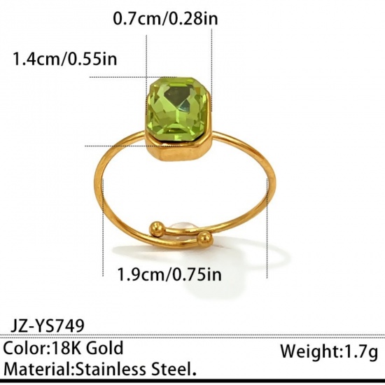 Immagine di Donne Regalo Ottagono Verde Strass Aperto Regolabile Anello All'Ingrosso, Placcato Oro 18K 304 Acciaio Inossidabile, PVD Ecologica Squisito Elegante Fornitura di Gioielli, 19mm (taglia di US: 9), 1 Pz