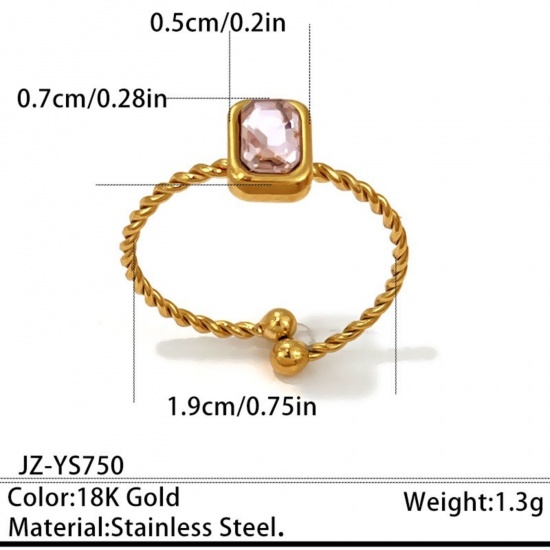 Immagine di Donne Regalo Rettangolo Roso Strass Aperto Regolabile Anello All'Ingrosso, Placcato Oro 18K 304 Acciaio Inossidabile, PVD Ecologica Squisito Elegante Fornitura di Gioielli, 19mm (taglia di US: 9), 1 Pz