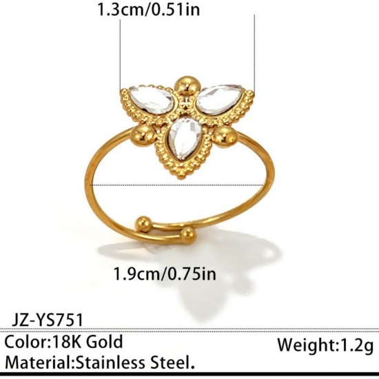 Immagine di Donne Regalo Foglia Trasparente Strass Aperto Regolabile Anello All'Ingrosso, Placcato Oro 18K 304 Acciaio Inossidabile, PVD Ecologica Squisito Elegante Fornitura di Gioielli, 19mm (taglia di US: 9), 1 Pz